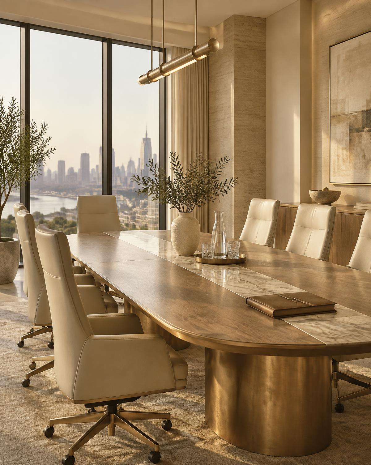A quiet, sunlit executive boardroom in warm ivory and gold tones